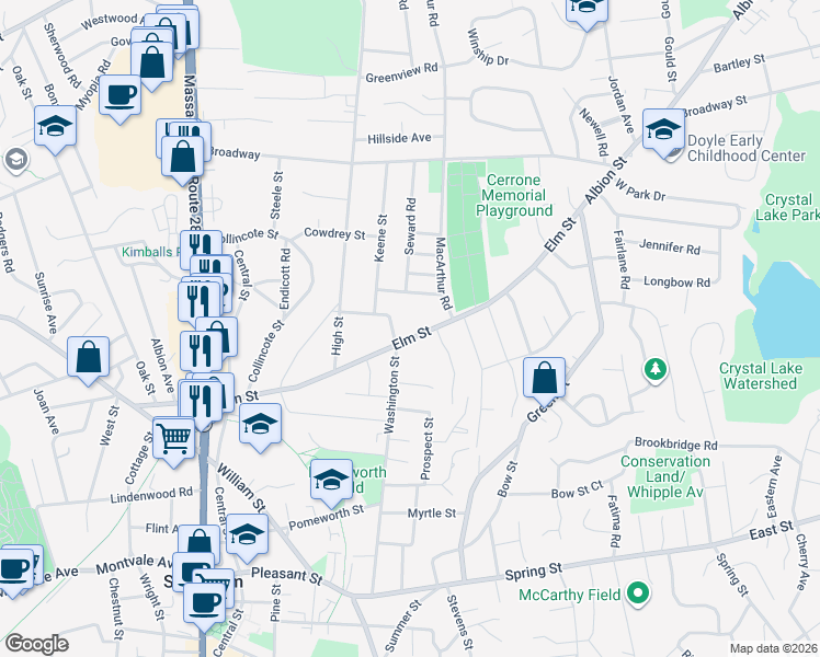 map of restaurants, bars, coffee shops, grocery stores, and more near 75 Washington Street in Stoneham