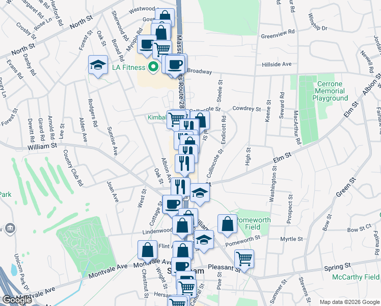 map of restaurants, bars, coffee shops, grocery stores, and more near 196 Main Street in Stoneham