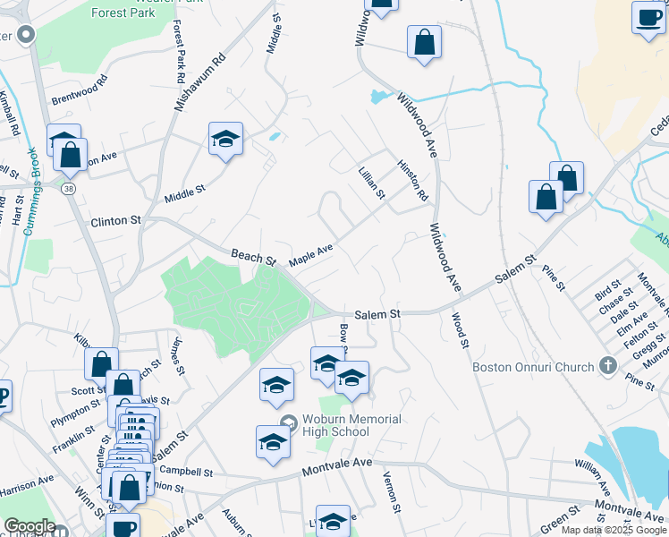 map of restaurants, bars, coffee shops, grocery stores, and more near 5 Dearborn Terrace in Woburn