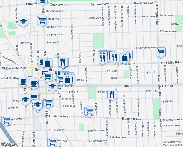 map of restaurants, bars, coffee shops, grocery stores, and more near 724 East 2nd Street in Royal Oak