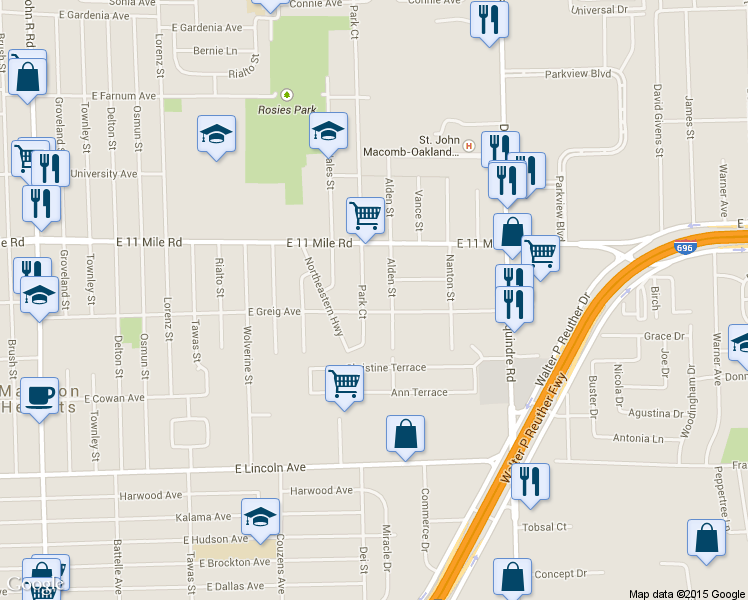 map of restaurants, bars, coffee shops, grocery stores, and more near 26628 Park Court in Madison Heights