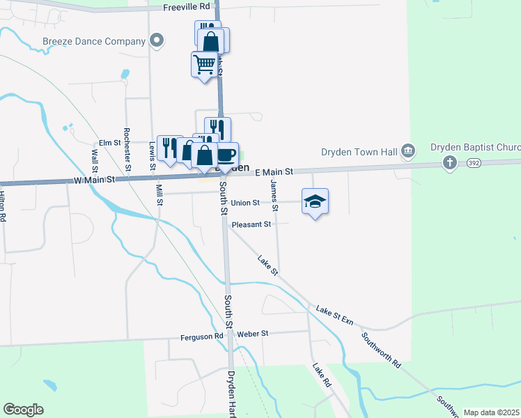 map of restaurants, bars, coffee shops, grocery stores, and more near 16 Union Street in Dryden