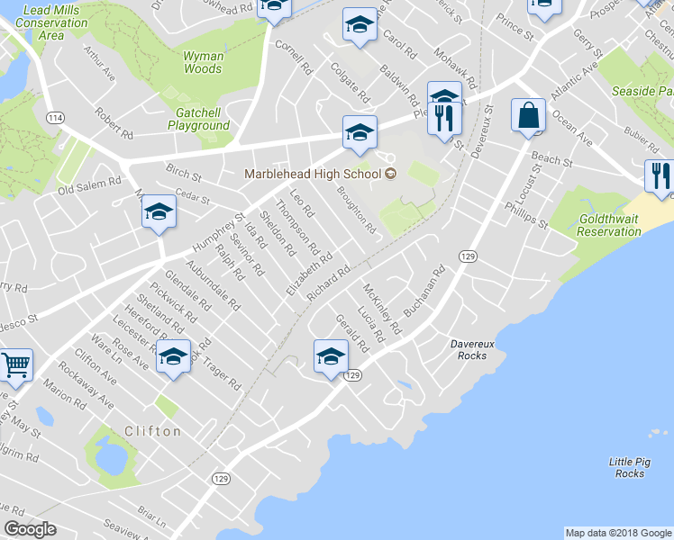 map of restaurants, bars, coffee shops, grocery stores, and more near 18 Richard Road in Marblehead