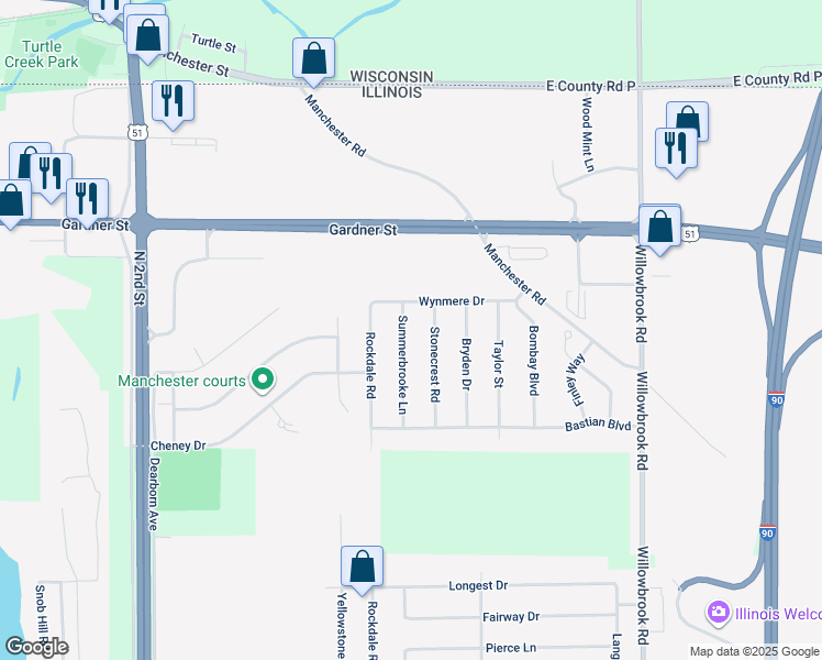 map of restaurants, bars, coffee shops, grocery stores, and more near 15623 Summerbrooke Lane in South Beloit