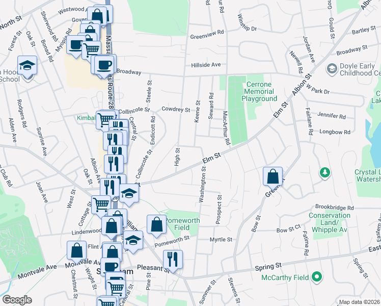 map of restaurants, bars, coffee shops, grocery stores, and more near 92 Washington Street in Stoneham