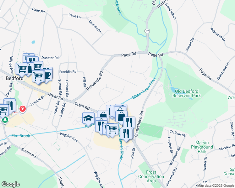 map of restaurants, bars, coffee shops, grocery stores, and more near 16 Elmbrook Road in Bedford
