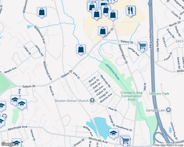 map of restaurants, bars, coffee shops, grocery stores, and more near 26 Montvale Road in Woburn