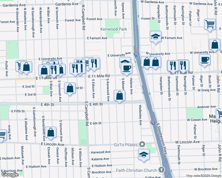 map of restaurants, bars, coffee shops, grocery stores, and more near 215 South Kenwood Avenue in Royal Oak