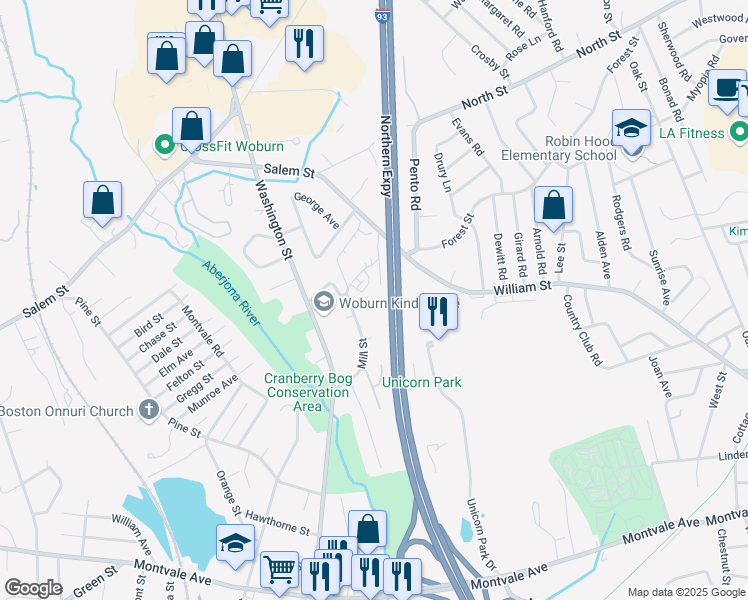 map of restaurants, bars, coffee shops, grocery stores, and more near 43 Mill Street in Woburn