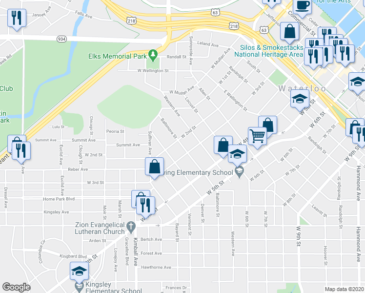 map of restaurants, bars, coffee shops, grocery stores, and more near 319 Baltimore Street in Waterloo