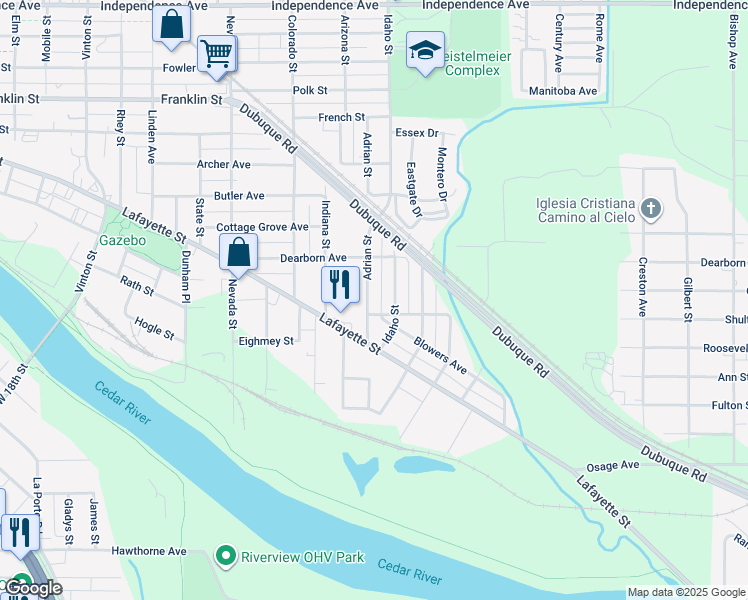 map of restaurants, bars, coffee shops, grocery stores, and more near 514 Adrian Street in Waterloo