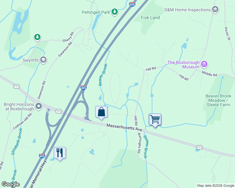 map of restaurants, bars, coffee shops, grocery stores, and more near 1100 Paddock Lane in Boxborough