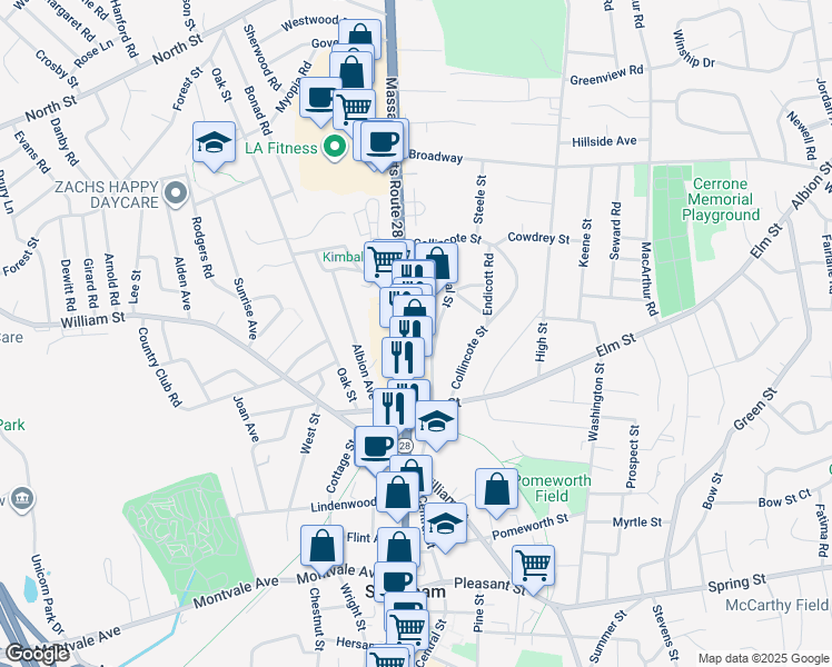 map of restaurants, bars, coffee shops, grocery stores, and more near 196 Main Street in Stoneham