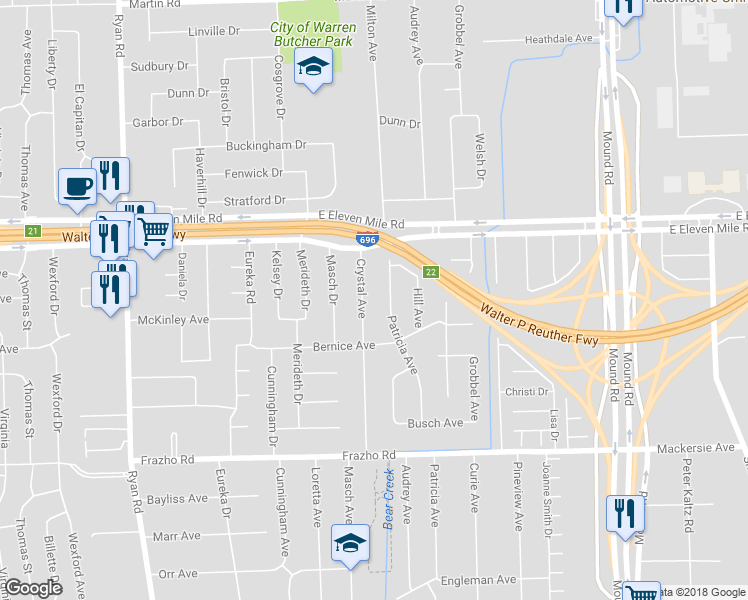 map of restaurants, bars, coffee shops, grocery stores, and more near 26630 Crystal Avenue in Warren