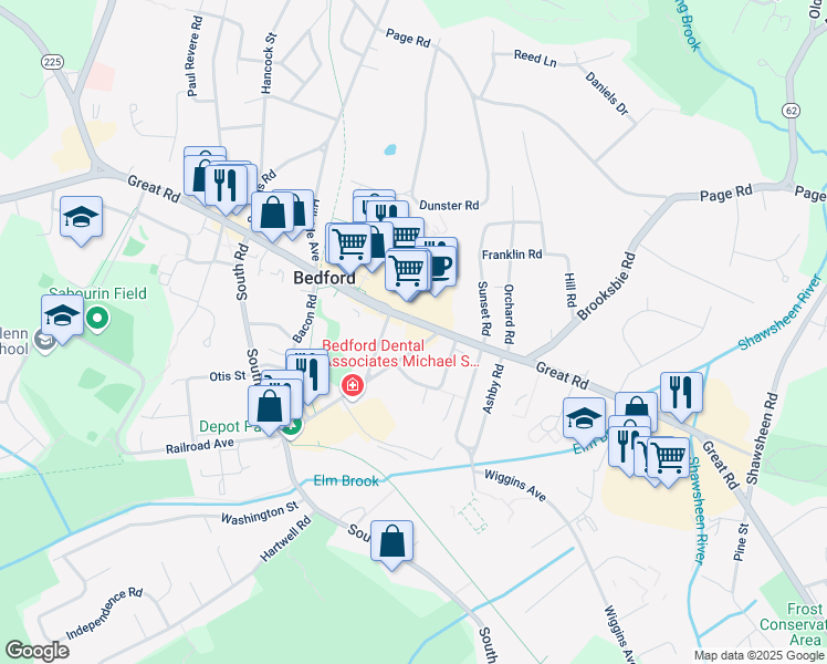 map of restaurants, bars, coffee shops, grocery stores, and more near 199 Great Road in Bedford