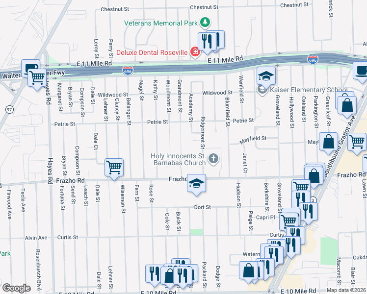 map of restaurants, bars, coffee shops, grocery stores, and more near 26277 Grandmont Street in Roseville