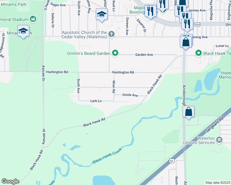 map of restaurants, bars, coffee shops, grocery stores, and more near 1652 Oriole Avenue in Waterloo