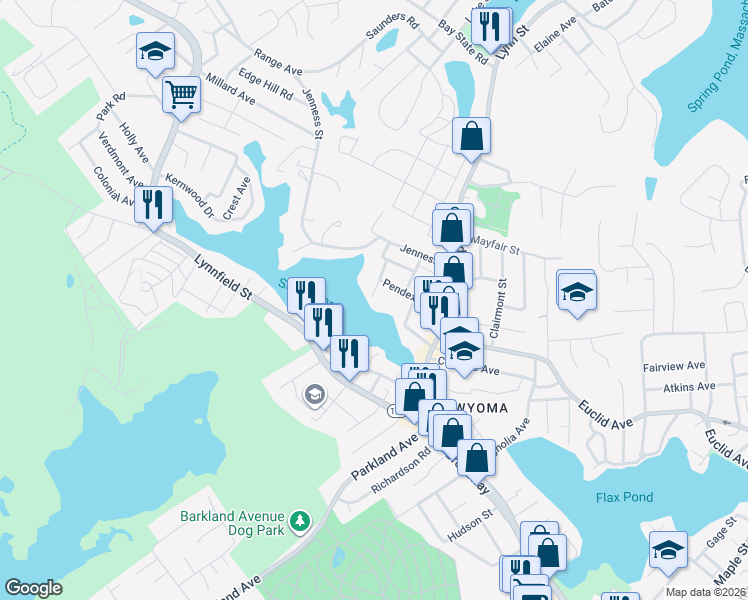map of restaurants, bars, coffee shops, grocery stores, and more near 50 Savory Street in Lynn