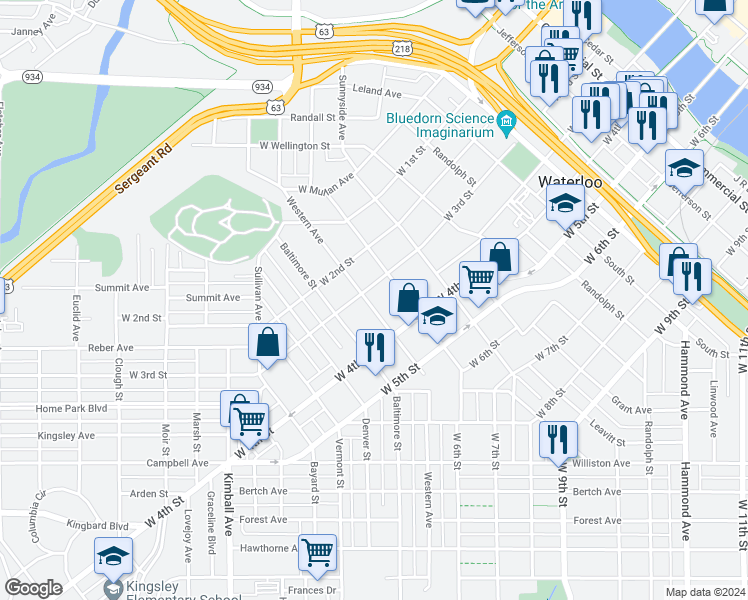 map of restaurants, bars, coffee shops, grocery stores, and more near 425 Western Avenue in Waterloo
