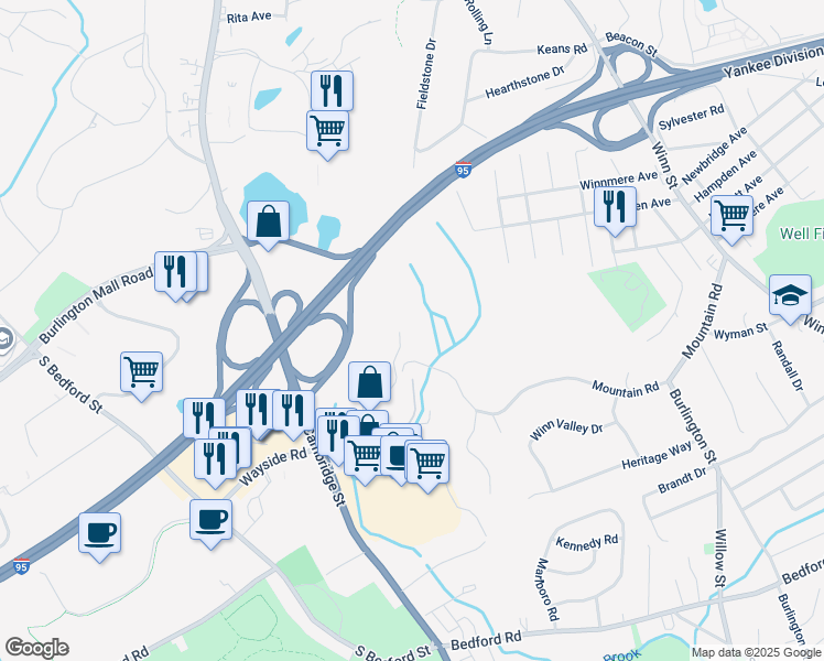 map of restaurants, bars, coffee shops, grocery stores, and more near 2 Littles Brook Court in Burlington