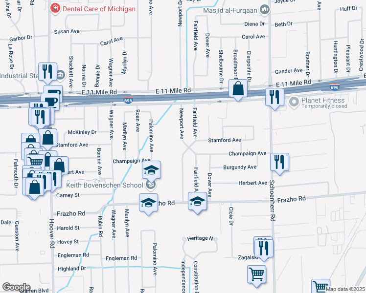 map of restaurants, bars, coffee shops, grocery stores, and more near 26527 Newport Avenue in Warren
