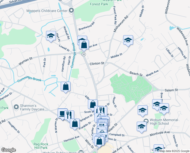 map of restaurants, bars, coffee shops, grocery stores, and more near 629 Main Street in Woburn