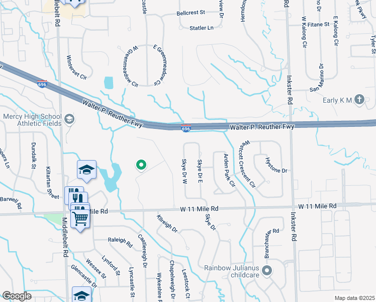 map of restaurants, bars, coffee shops, grocery stores, and more near 27424 Skye Drive West in Farmington Hills