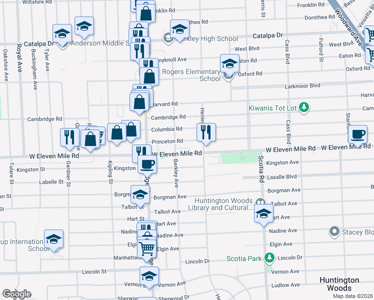 map of restaurants, bars, coffee shops, grocery stores, and more near 2200 West Eleven Mile Road in Berkley