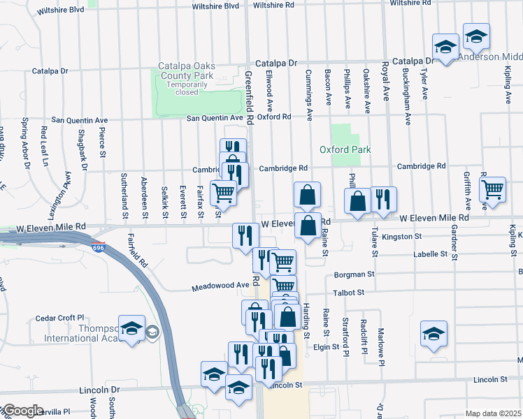 map of restaurants, bars, coffee shops, grocery stores, and more near 1772 Greenfield Rd in Berkley