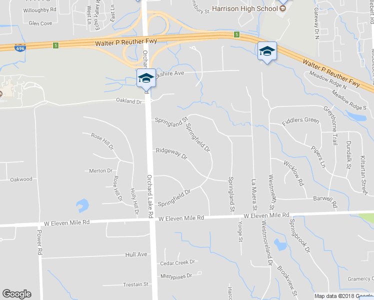 map of restaurants, bars, coffee shops, grocery stores, and more near 30900 Ridgeway Drive in Farmington Hills