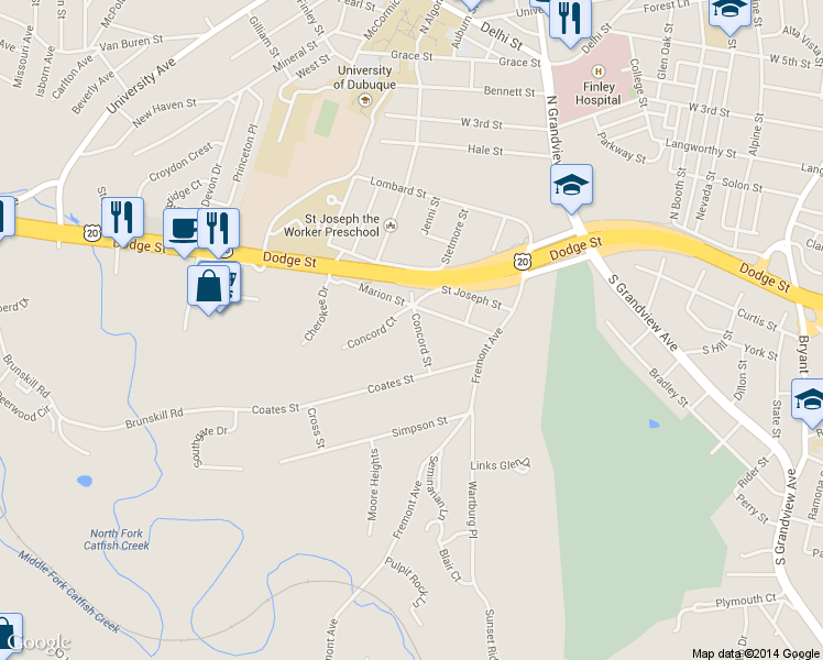map of restaurants, bars, coffee shops, grocery stores, and more near 155 Concord St in Dubuque
