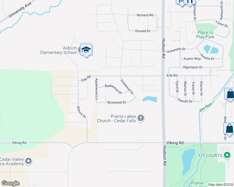 map of restaurants, bars, coffee shops, grocery stores, and more near 2124 Barkwood Drive in Cedar Falls