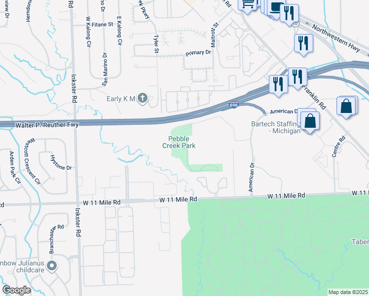 map of restaurants, bars, coffee shops, grocery stores, and more near 26175-26389 American Drive in Southfield