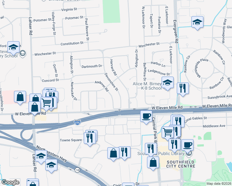 map of restaurants, bars, coffee shops, grocery stores, and more near 27205 Devonshire Street in Southfield