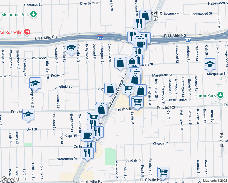 map of restaurants, bars, coffee shops, grocery stores, and more near 26151 Gratiot Avenue in Roseville