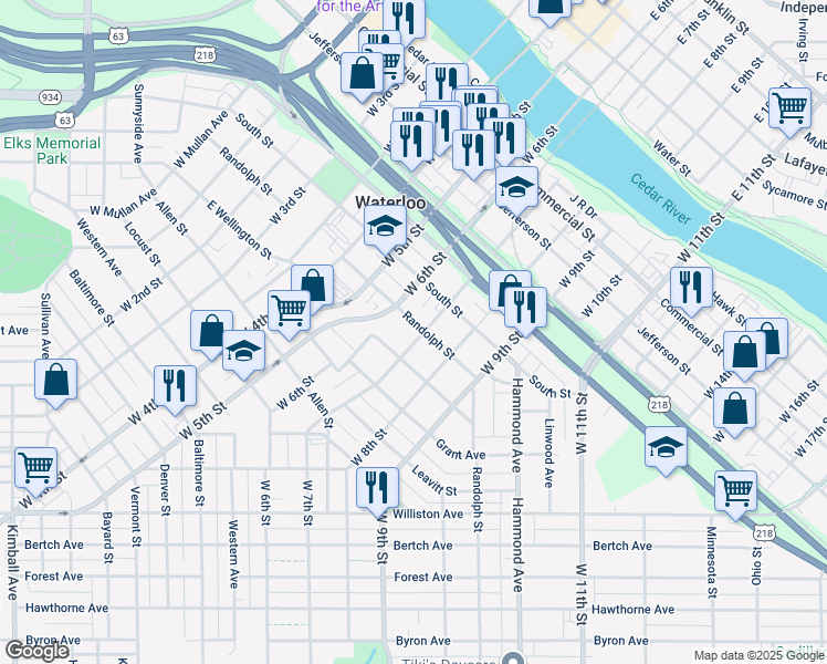 map of restaurants, bars, coffee shops, grocery stores, and more near 828 Randolph Street in Waterloo