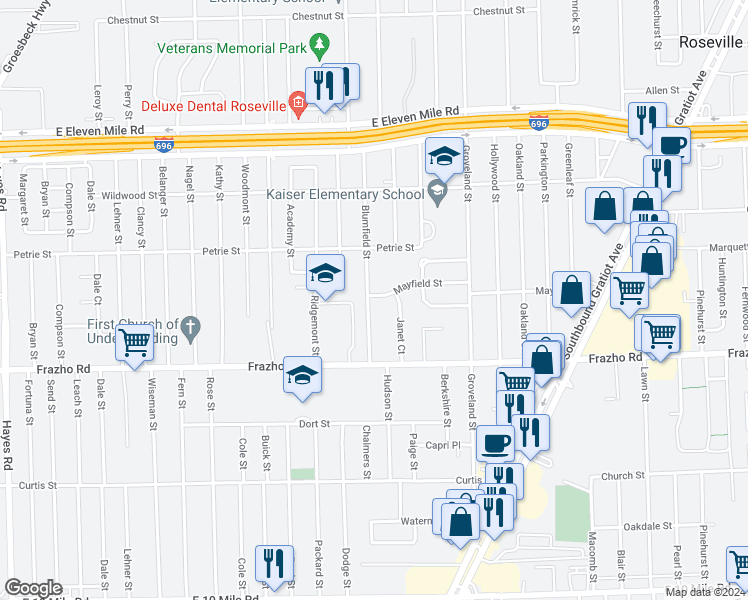 map of restaurants, bars, coffee shops, grocery stores, and more near 26280 Blumfield Street in Roseville