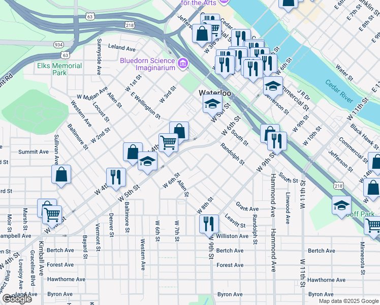 map of restaurants, bars, coffee shops, grocery stores, and more near 803 W 5th St in Waterloo