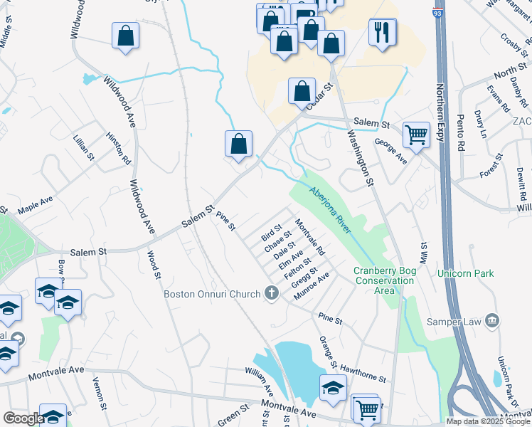 map of restaurants, bars, coffee shops, grocery stores, and more near 26 Montvale Road in Woburn