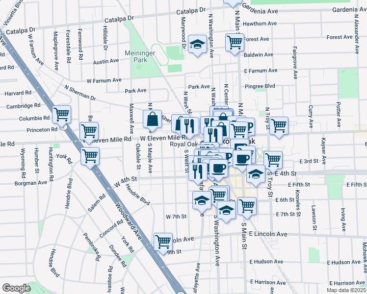 map of restaurants, bars, coffee shops, grocery stores, and more near 200 South West Street in Royal Oak