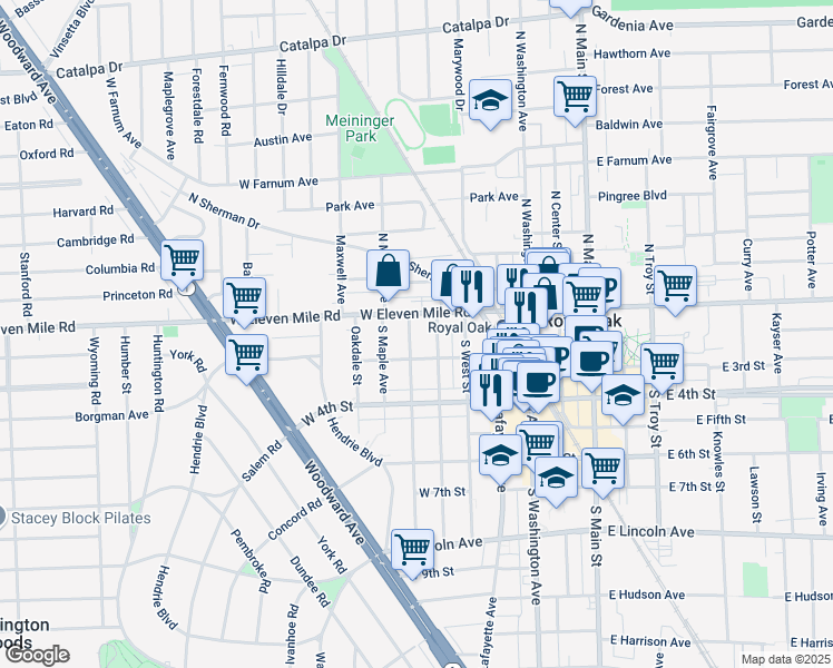 map of restaurants, bars, coffee shops, grocery stores, and more near 119 South Pleasant Street in Royal Oak