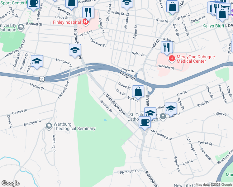 map of restaurants, bars, coffee shops, grocery stores, and more near 264 South Grandview Avenue in Dubuque