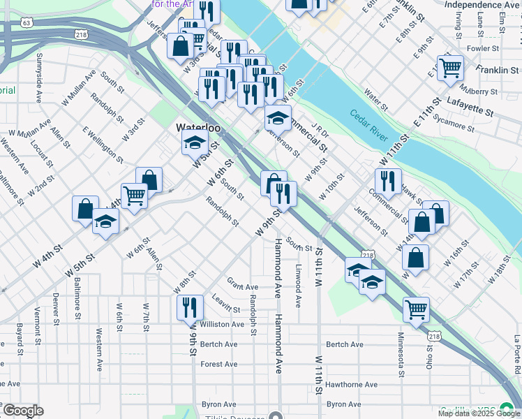 map of restaurants, bars, coffee shops, grocery stores, and more near 1017 South Street in Waterloo