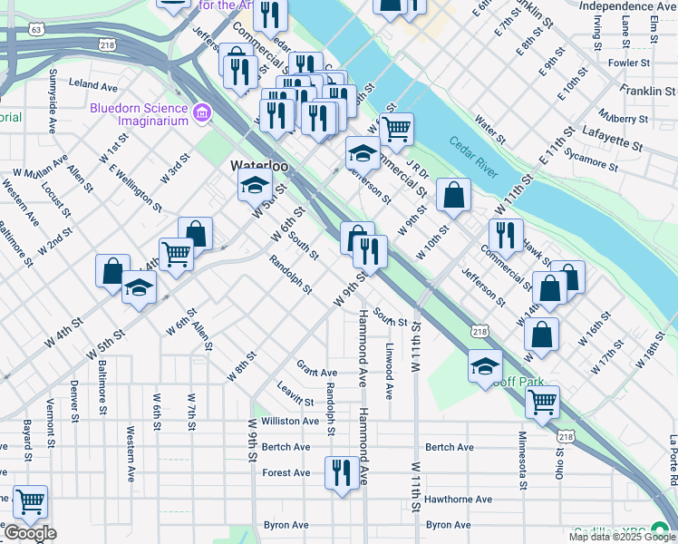 map of restaurants, bars, coffee shops, grocery stores, and more near 1017 South Street in Waterloo
