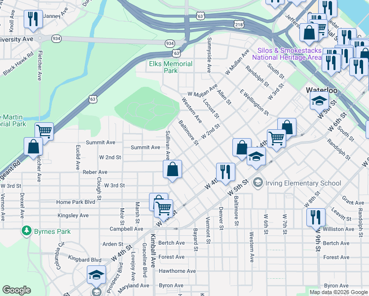 map of restaurants, bars, coffee shops, grocery stores, and more near 256 Denver Street in Waterloo