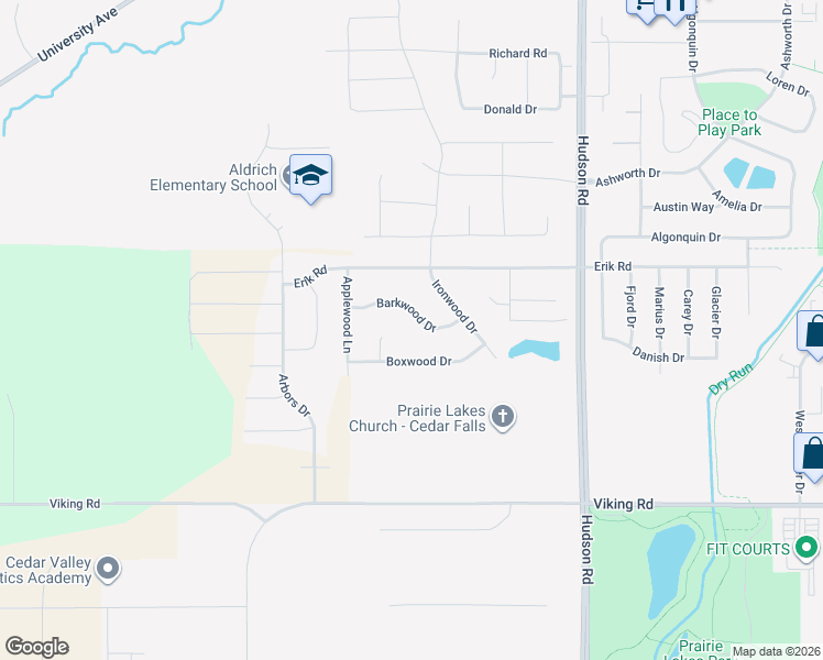 map of restaurants, bars, coffee shops, grocery stores, and more near 2124 Barkwood Dr in Cedar Falls