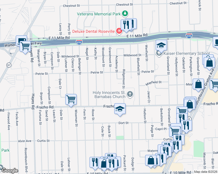 map of restaurants, bars, coffee shops, grocery stores, and more near 26277 Grandmont Street in Roseville