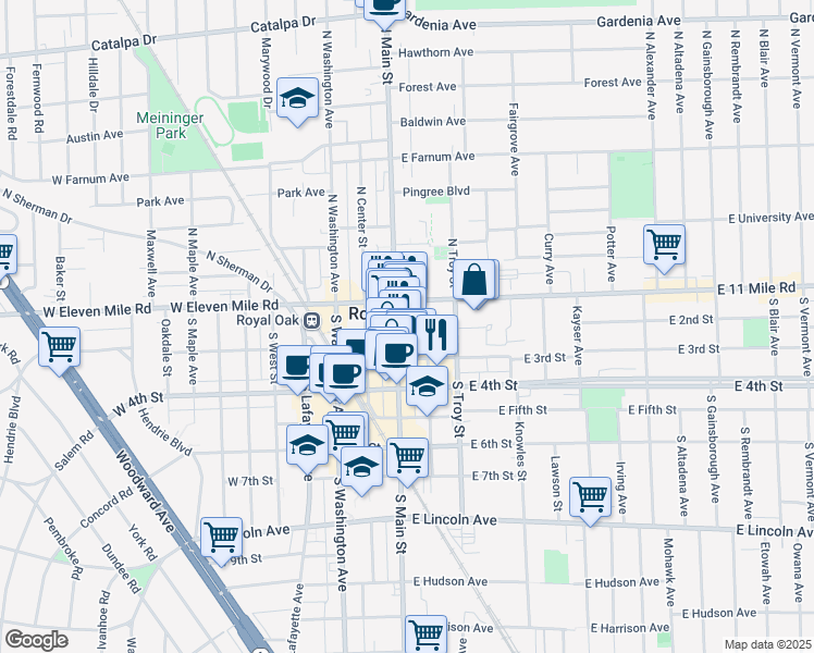 map of restaurants, bars, coffee shops, grocery stores, and more near 129 South Main Street in Royal Oak