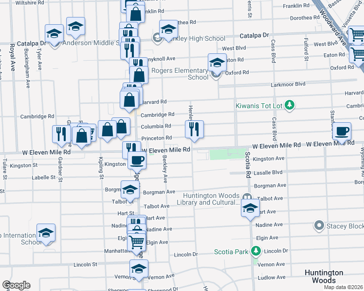 map of restaurants, bars, coffee shops, grocery stores, and more near 2200 West Eleven Mile Road in Berkley