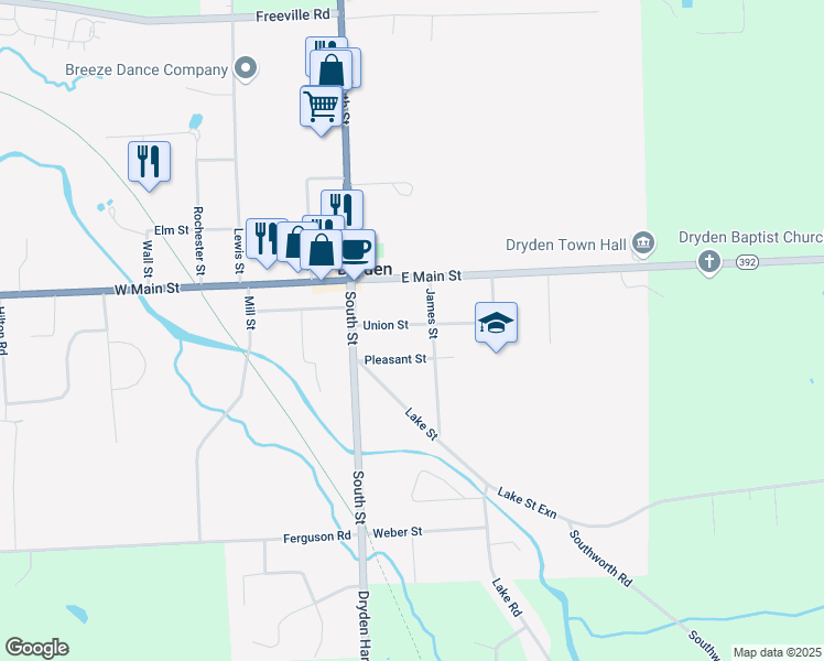 map of restaurants, bars, coffee shops, grocery stores, and more near 16 Union Street in Dryden